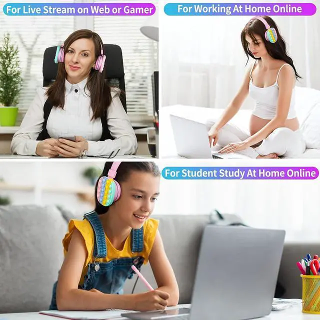 Alt view image 7 of 7 - Bluetooth Headphones Wireless for Girls Women Men Fidget Bubbles Cute Wireless Gaming Headset Over Ear Build in Microphone for Smartphone Tablet PC, Rainbow Blue