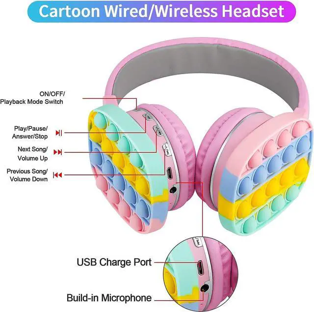 Alt view image 3 of 7 - Bluetooth Headphones Wireless for Girls Women Men Fidget Bubbles Cute Wireless Gaming Headset Over Ear Build in Microphone for Smartphone Tablet PC, Rainbow Blue