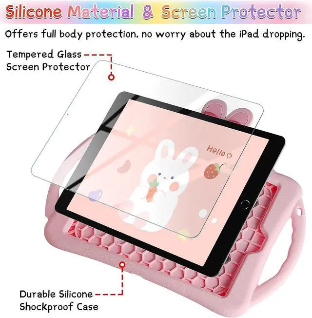 Alt view image 3 of 7 - for iPad 9th Generation Case iPad 8th 7th Generation Cases 10.2 inch for Kids Girls with Screen Protector Shoulder Strap Kickstand Cute Rabbit Silicone Cover for iPad 10.2 Case Pink