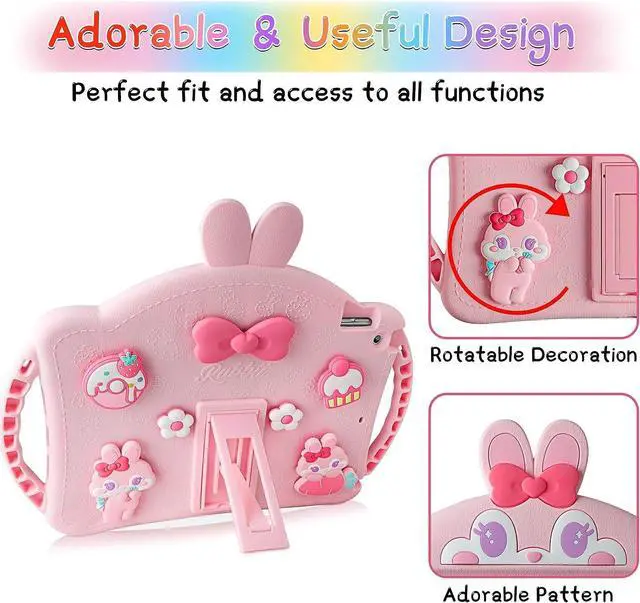 Alt view image 2 of 7 - for iPad 9th Generation Case iPad 8th 7th Generation Cases 10.2 inch for Kids Girls with Screen Protector Shoulder Strap Kickstand Cute Rabbit Silicone Cover for iPad 10.2 Case Pink