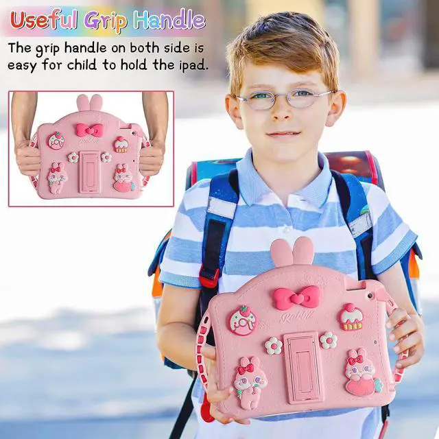 Alt view image 4 of 7 - for iPad 9th Generation Case iPad 8th 7th Generation Cases 10.2 inch for Kids Girls with Screen Protector Shoulder Strap Kickstand Cute Rabbit Silicone Cover for iPad 10.2 Case Pink