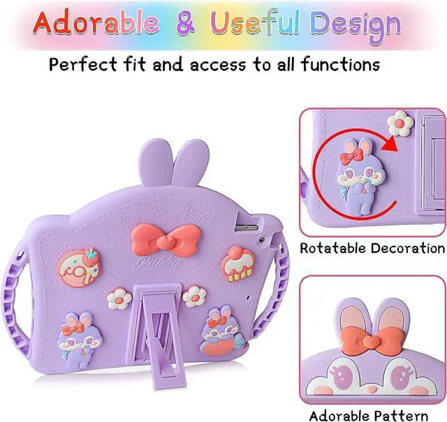 Alt view image 2 of 7 - for iPad 9th Generation Case iPad 8th 7th Generation Cases 10.2 inch for Kids Girls with Screen Protector Shoulder Strap Kickstand Cute Rabbit Silicone Cover for iPad 10.2 Case Purple