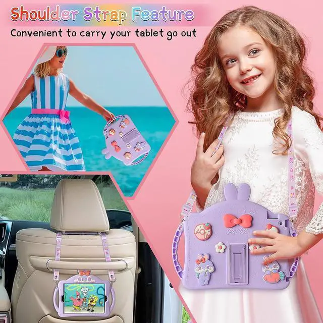Alt view image 6 of 7 - for iPad 9th Generation Case iPad 8th 7th Generation Cases 10.2 inch for Kids Girls with Screen Protector Shoulder Strap Kickstand Cute Rabbit Silicone Cover for iPad 10.2 Case Purple