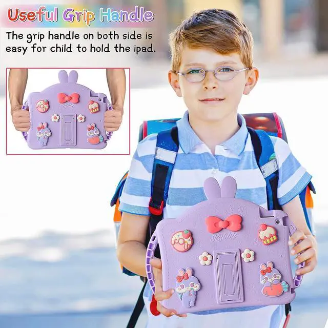 Alt view image 4 of 7 - for iPad 9th Generation Case iPad 8th 7th Generation Cases 10.2 inch for Kids Girls with Screen Protector Shoulder Strap Kickstand Cute Rabbit Silicone Cover for iPad 10.2 Case Purple