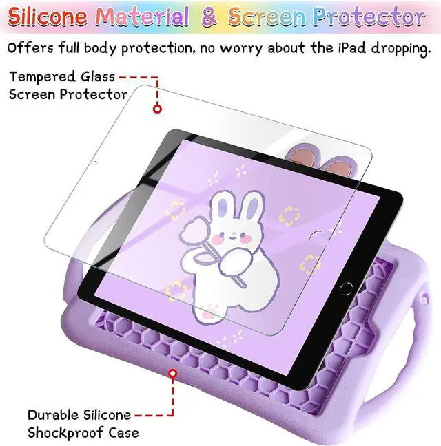 Alt view image 3 of 7 - for iPad 9th Generation Case iPad 8th 7th Generation Cases 10.2 inch for Kids Girls with Screen Protector Shoulder Strap Kickstand Cute Rabbit Silicone Cover for iPad 10.2 Case Purple