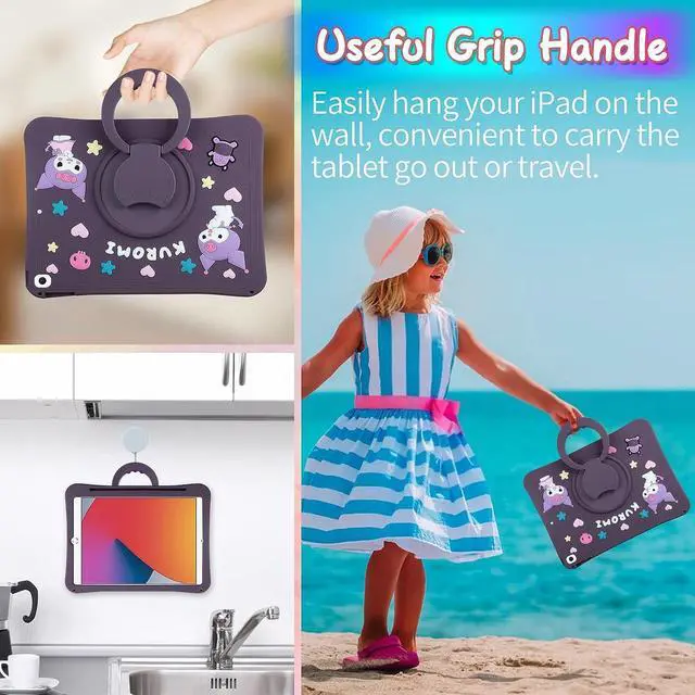 Alt view image 6 of 7 - for iPad 9th Generation Case 8th 7th Generation Case iPad 10.2 Case with Kickstand Lanyard Heart Keychain Pencil Holder Silicone Case for Girls Kids Cute Protective Tablet Cover Dark Purple