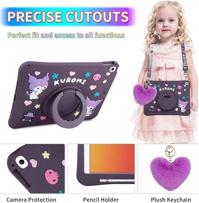 Alt view image 3 of 7 - for iPad 9th Generation Case 8th 7th Generation Case iPad 10.2 Case with Kickstand Lanyard Heart Keychain Pencil Holder Silicone Case for Girls Kids Cute Protective Tablet Cover Dark Purple