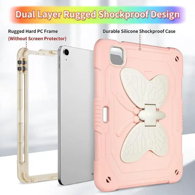 Alt view image 4 of 7 - for iPad Air 5th Generation Case with Kickstand Lanyard Keychain Pencil Holder Rugged Heavy Duty Case for Girls Kids Protective Tablet Cover for iPad Air 5th 4th Gen 2022 2020 10.9'' Pink