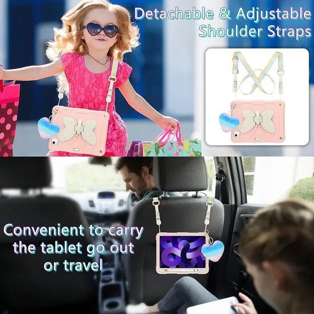 Alt view image 3 of 7 - for iPad Air 5th Generation Case with Kickstand Lanyard Keychain Pencil Holder Rugged Heavy Duty Case for Girls Kids Protective Tablet Cover for iPad Air 5th 4th Gen 2022 2020 10.9'' Pink