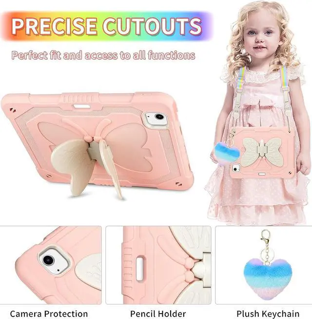 Alt view image 5 of 7 - for iPad Air 5th Generation Case with Kickstand Lanyard Keychain Pencil Holder Rugged Heavy Duty Case for Girls Kids Protective Tablet Cover for iPad Air 5th 4th Gen 2022 2020 10.9'' Pink