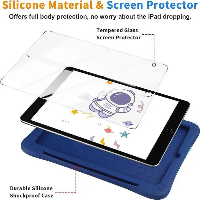 Alt view image 3 of 7 - for iPad 9th Generation Case 8th 7th Generation 10.2 inch with Kickstand Screen Protector Lanyard Pencil Holder Silicone Case for Girls Kids Cute Tablet Cover for iPad 10.2 Case Navy Blue