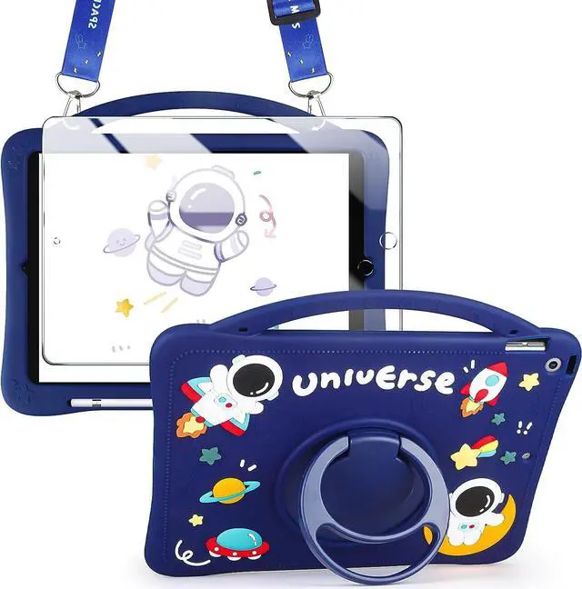 Main image of for iPad 9th Generation Case 8th 7th Generation 10.2 inch with Kickstand Screen Protector Lanyard Pencil Holder Silicone Case for Girls Kids Cute Tablet Cover for iPad 10.2 Case Navy Blue