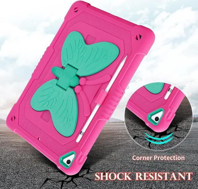 Alt view image 7 of 7 - for iPad 9th Generation Case 8th 7th Gen 10.2 inch with Screen Protector/Butterfly Kickstand/Lanyard/Keychain Rugged Case with Pencil Holder for Kids Girls Cover for iPad 10.2 Case Rose Red