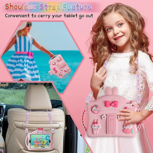 Alt view image 6 of 7 - for iPad 9th Generation Case iPad 8th 7th Generation Cases 10.2 inch for Kids Girls with Screen Protector Shoulder Strap Kickstand Cute Rabbit Silicone Cover for iPad 10.2 Case Pink