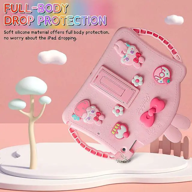 Alt view image 7 of 7 - for iPad 9th Generation Case iPad 8th 7th Generation Cases 10.2 inch for Kids Girls with Screen Protector Shoulder Strap Kickstand Cute Rabbit Silicone Cover for iPad 10.2 Case Pink
