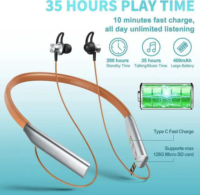 Alt view image 3 of 7 - Bluetooth Headphones,V5.0Wireless Headset Noise Cancelling, Waterproof Bluetooth Earbuds, 30Hrs Playtime Wireless Earbuds with Mic for Sports, Immersive Bass, 10mm Drivers in-Ear Earbuds