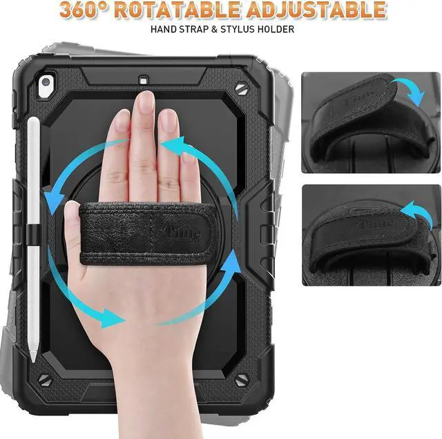Alt view image 4 of 7 - iPad 9th/ 8th/ 7th Generation Case (iPad 10.2 Case, iPad 9/8/ 7 Gen Case): with Strong Protection, Screen Protector, Hand Strap, Shoulder Strap, 360° Rotating Stand, Pencil Holder - Black