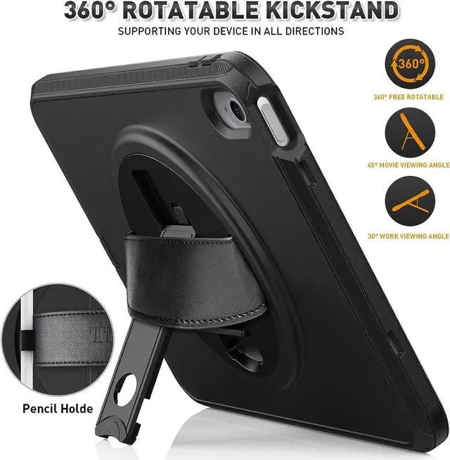 Alt view image 5 of 7 - iPad Mini 6 Case, iPad Mini 6th Generation Case (8.3 inch) 2021 Released: with Strong Protection, Screen Protector, Hand Strap, Shoulder Strap, 360° Rotating Stand, Pencil Holder - Black