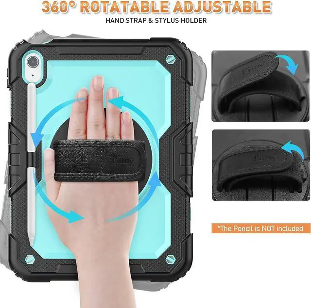 Alt view image 5 of 7 - iPad 10th Generation Case (iPad 10.9 inch Case, iPad 10 Gen Case): with Strong Protection, Screen Protector, Hand Strap, Shoulder Strap, 360° Rotating Stand, Pencil Holder - Light Blue