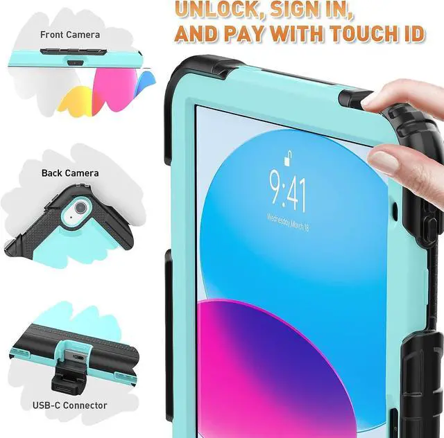 Alt view image 4 of 7 - iPad 10th Generation Case (iPad 10.9 inch Case, iPad 10 Gen Case): with Strong Protection, Screen Protector, Hand Strap, Shoulder Strap, 360° Rotating Stand, Pencil Holder - Light Blue