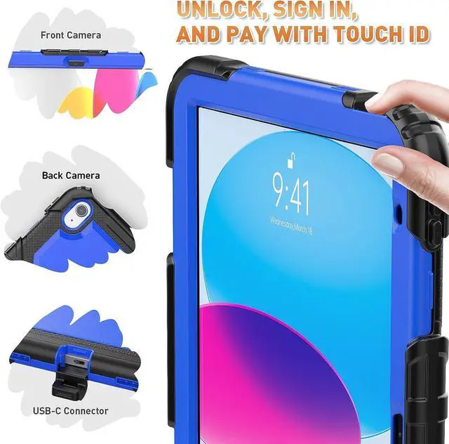 Alt view image 4 of 7 - iPad 10th Generation Case (iPad 10.9 inch Case, iPad 10 Gen Case): with Strong Protection, Screen Protector, Hand Strap, Shoulder Strap, 360° Rotating Stand, Pencil Holder - Dark Blue