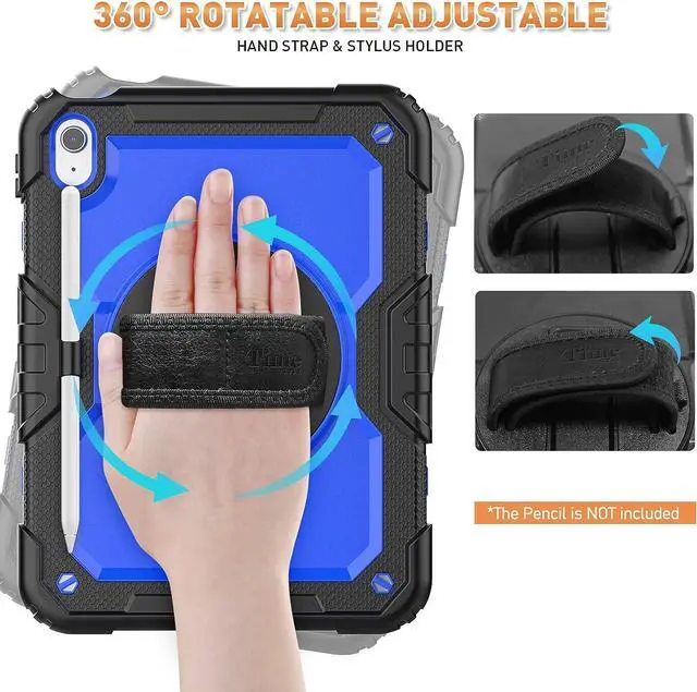 Alt view image 5 of 7 - iPad 10th Generation Case (iPad 10.9 inch Case, iPad 10 Gen Case): with Strong Protection, Screen Protector, Hand Strap, Shoulder Strap, 360° Rotating Stand, Pencil Holder - Dark Blue