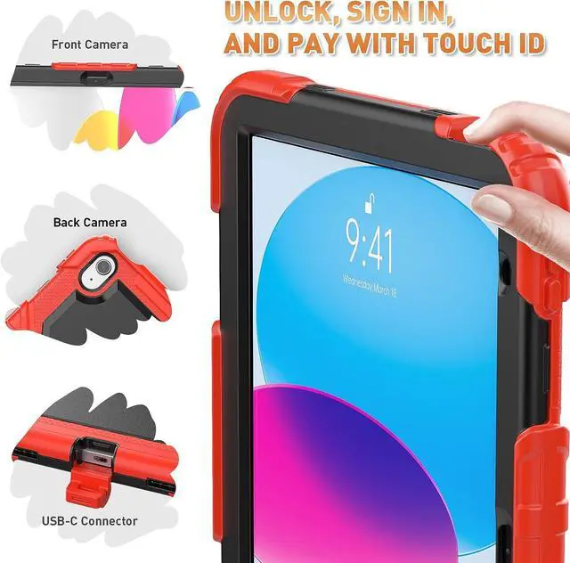 Alt view image 4 of 7 - iPad 10th Generation Case (iPad 10.9 inch Case, iPad 10 Gen Case): with Strong Protection, Screen Protector, Hand Strap, Shoulder Strap, 360° Rotating Stand, Pencil Holder - Red