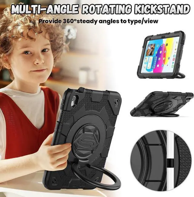 Alt view image 5 of 7 - iPad 10th Generation Case (iPad 10.9 inch Case, iPad 10 Gen Case): with Strong Protection, Screen Protector, Handle, Shoulder Strap, Rotating Stand, Pencil Holder - Black