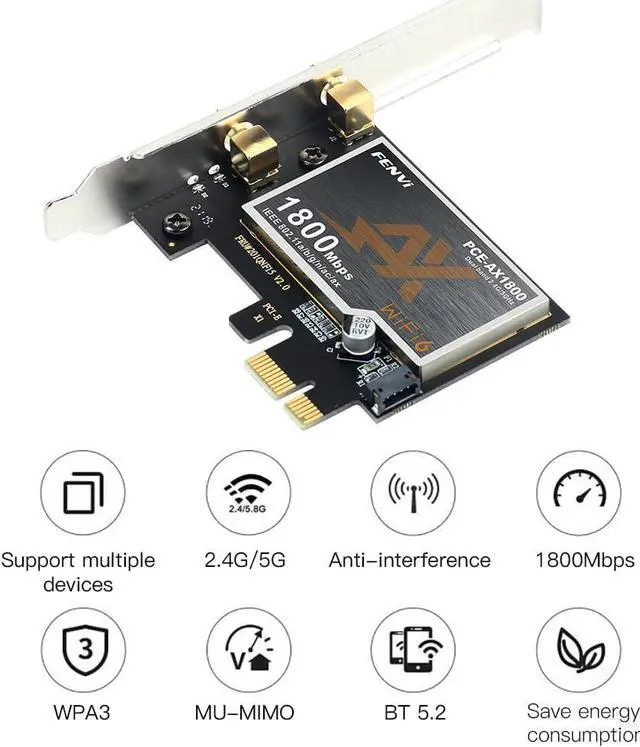 Alt view image 6 of 7 - WiFi 6 PCI-E WiFi Network Card AX1800Mbps BT5.2 Dual Band 802.11ax PCIe Desktop WiFi 6 PCI Express Wireless Adapter only for PC Windows 11/10