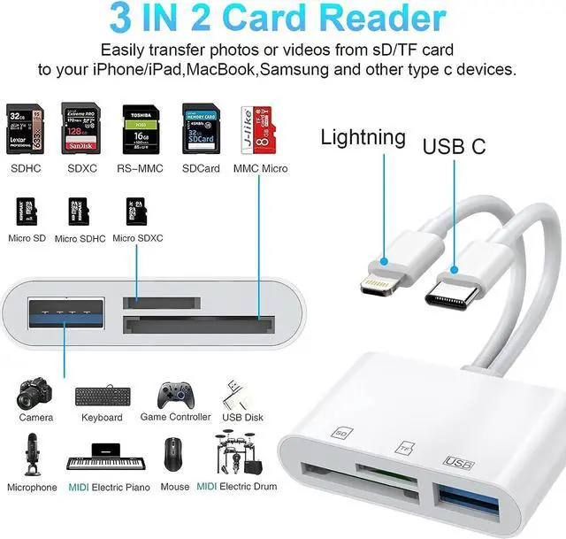 Alt view image 2 of 7 - SD Card Reader for iPhone/iPad, Lightning + USB C Connector to SD/TF Card Reader Adapter Memory Card Reader for Micro SDXC,Micro SDHC,SDXC,SDHC,SD Cards,USB Disk, for iPhone/iPad/MacBook/Samsung