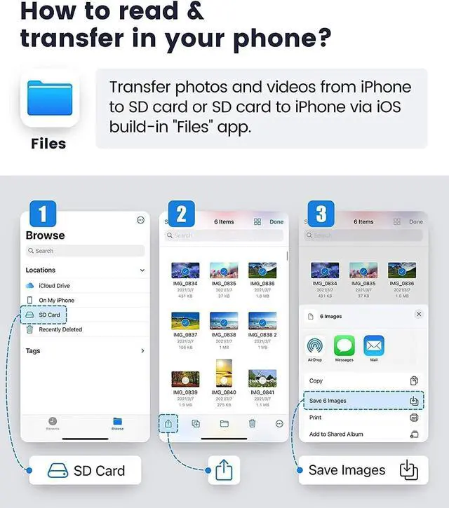 Alt view image 6 of 7 - SD Card Reader for iPhone/iPad, Lightning + USB C Connector to SD/TF Card Reader Adapter Memory Card Reader for Micro SDXC,Micro SDHC,SDXC,SDHC,SD Cards,USB Disk, for iPhone/iPad/MacBook/Samsung