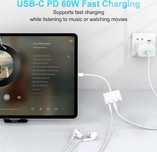 Alt view image 4 of 7 - USB C to 3.5mm Audio Adapter, 3 in 1 Aux to USB C Headphone Splitter Dual 3.5mm Audio Jack and PD 60W Fast Charging, Compatible for iPad Pro,Galaxy S22 S21 S20/Note 20,Pixel 4 3 XL,Huawei,etc