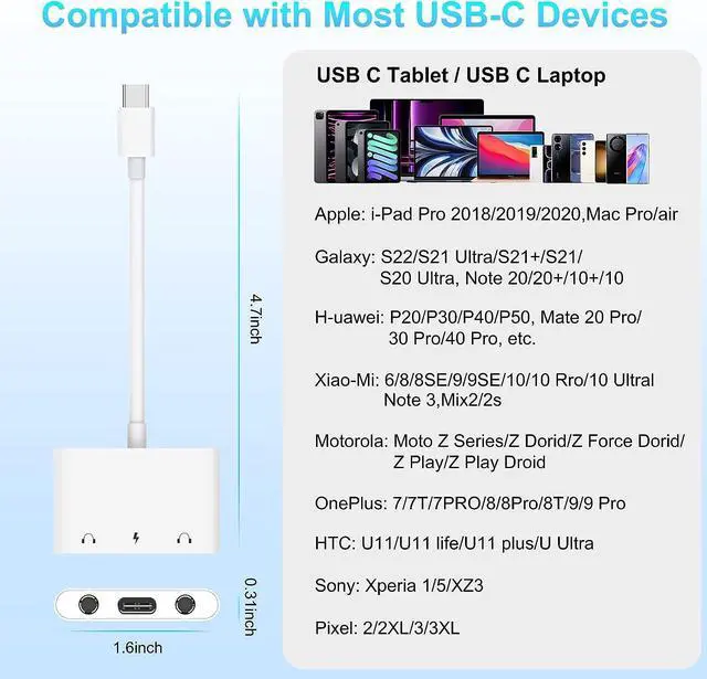 Alt view image 5 of 7 - USB C to 3.5mm Audio Adapter, 3 in 1 Aux to USB C Headphone Splitter Dual 3.5mm Audio Jack and PD 60W Fast Charging, Compatible for iPad Pro,Galaxy S22 S21 S20/Note 20,Pixel 4 3 XL,Huawei,etc