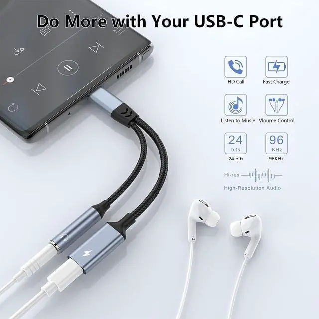 Alt view image 2 of 7 - USB Type C to 3.5mm Headphone and Charger Adapter, 2-in-1 USB C PD 60W Charging Port to Aux Audio Jack and Fast Charging Dongle Cable Cord Compatible with Galaxy S23 Ultra S22 S21 Google Pixel 7 6 5