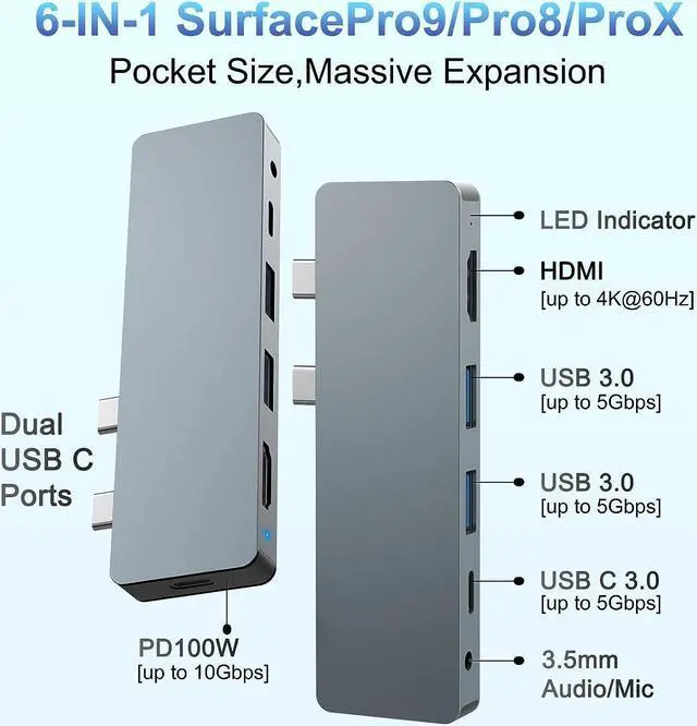 Alt view image 5 of 7 - 4K@60HZ Surface Pro 9 Docking Station Surface Pro 8 Accessories Surface Pro X hub Dock with HDMI, 100W Thunderbolt 4 Port, 3*USB(5Gbps), Audio, 6-IN-2 Surface pro 9 hub for Microsoft Surface Pro 9/8/X
