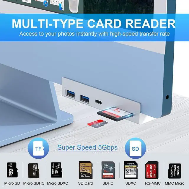 Alt view image 4 of 7 - USB C 3.2 10Gbps iMac USB C Hub, 5 in 1 Aluminum iMac USB Hub Adapter with 2 USB A Port(10Gbps), Type-C Port(10Gbps), Micro/SD Card Readers, Compatible with 2020/2019/2017 iMac