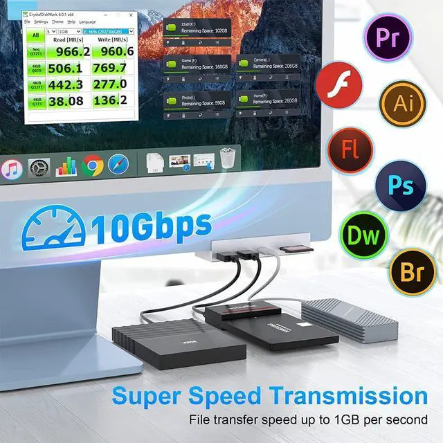 Alt view image 2 of 7 - USB C 3.2 10Gbps iMac USB C Hub, 5 in 1 Aluminum iMac USB Hub Adapter with 2 USB A Port(10Gbps), Type-C Port(10Gbps), Micro/SD Card Readers, Compatible with 2020/2019/2017 iMac