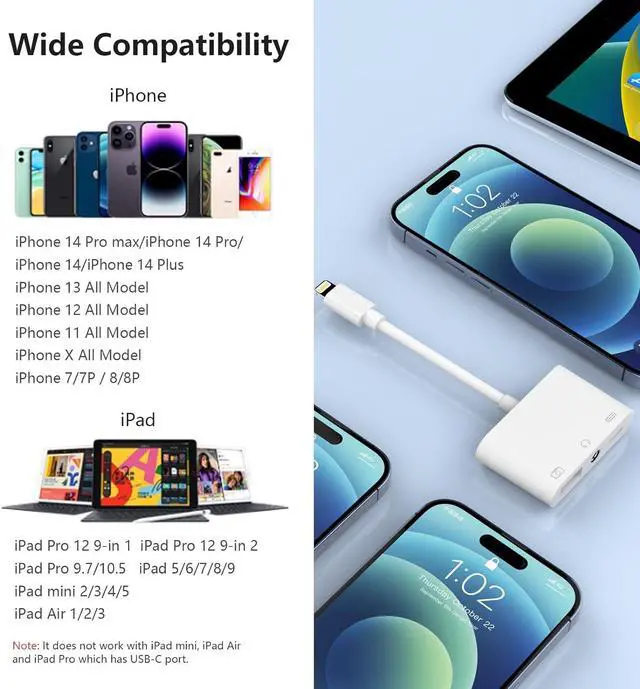 Alt view image 6 of 7 - USB + 3.5mm AUX Adapter for iPhone/iPad, USB Camera Adapter and 3.5mm Headphone Audio Jack Adapter with iPhone Charger Splitter, 3 in 1 USB OTG Adapter for iPhone iPad,USB Flash Drive, Keyboard, Mouse
