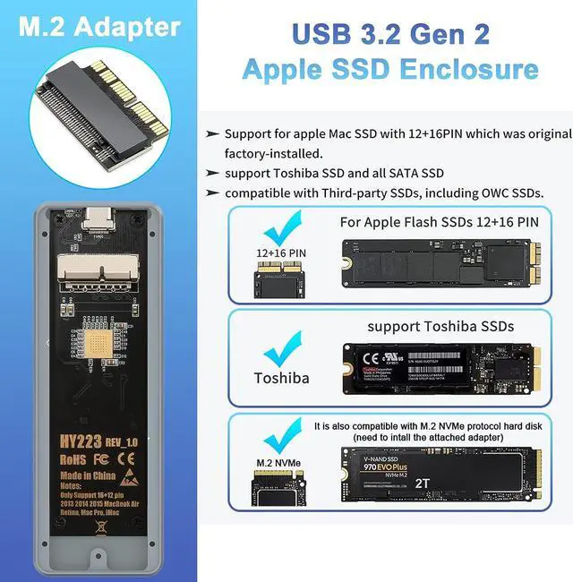 Alt view image 3 of 7 - USB C 3.2 MacBook SSD Enclosure for 12+16 PIN MacBook Air/Pro SSD, Aluminum M.2 NVMe MacBook Pro SSD Enclosure Adapter Support MacBook Pro,MacBook Air, Mac Pro, iMac from 2013 to 2017