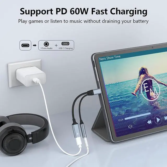 Alt view image 4 of 7 - USB Type C to 3.5mm Headphone and Charger Adapter, 2-in-1 USB C PD 60W Charging Port to Aux Audio Jack and Fast Charging Dongle Cable Cord Compatible with Galaxy S23 Ultra S22 S21 Google Pixel 7 6 5