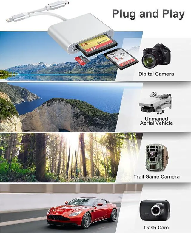 Alt view image 5 of 7 - SD CF Card Reader for iPhone/iPad/Android/Mac/Camera, Lightning and USB-C SD CF TF Memory Card Reader Trail Camera Viewer, Aluminum Photography Memory Card Adapter, Plug and Play