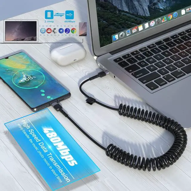 Alt view image 3 of 7 - 60W Coiled USB C Cable for Car, 6FT USB C to USB C Coiled Cable, USB C to C Type Fast Charging Cable Compatible with Samsung GalaxyS21/S21+/S20+ Ultra Note 20, Pixel 4/3 XL, MacBook Pro/Air