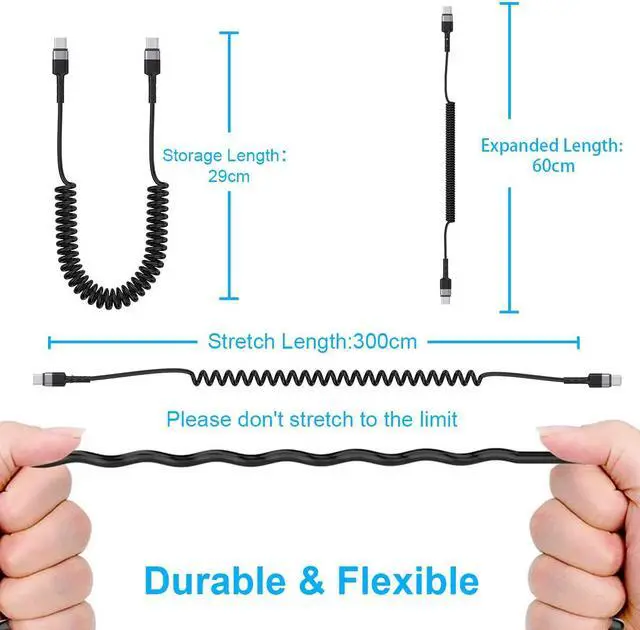 Alt view image 6 of 7 - 60W Coiled USB C Cable for Car, 6FT USB C to USB C Coiled Cable, USB C to C Type Fast Charging Cable Compatible with Samsung GalaxyS21/S21+/S20+ Ultra Note 20, Pixel 4/3 XL, MacBook Pro/Air