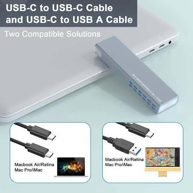 Alt view image 7 of 7 - M.2 NVMe and SATA SSD Enclosure Tool-Free, 10Gbps USB 3.1 Gen2 Aluminum M.2 NVME NGFF SSD Enclosure, RGB NVMe SSD Enclosure Supports M and B&M Keys 2280/2230/ 2242/2260 SSDs(with USB C & USB A Cables)