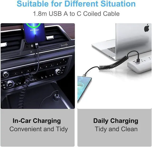Alt view image 3 of 7 - USB Type C Coild Cable for Car, 1.8m/5.9FT Retractable USB C Cable Curly USB A to USB-C Fast Charger Cord for Car,Compatible Samsung Galaxy S10 S9 S8 Plus Note 9 8,LG5/G6/V20, USB C Devices