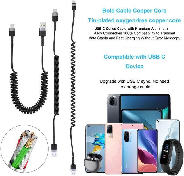 Alt view image 6 of 7 - USB Type C Coild Cable for Car, 1.8m/5.9FT Retractable USB C Cable Curly USB A to USB-C Fast Charger Cord for Car,Compatible Samsung Galaxy S10 S9 S8 Plus Note 9 8,LG5/G6/V20, USB C Devices