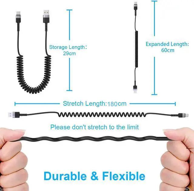 Alt view image 7 of 7 - USB Type C Coild Cable for Car, 1.8m/5.9FT Retractable USB C Cable Curly USB A to USB-C Fast Charger Cord for Car,Compatible Samsung Galaxy S10 S9 S8 Plus Note 9 8,LG5/G6/V20, USB C Devices