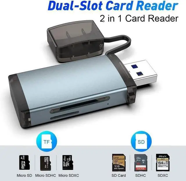 Alt view image 2 of 7 - USB3.0 SD Card Reader, [All Metal] USB 3.0 Dual Slot Memory Card Reader for SDXC, SDHC, SD, MMC, RS-MMC, Micro SDXC, Micro SD, Micro SDHC Card Read 2 Cards Simultaneously