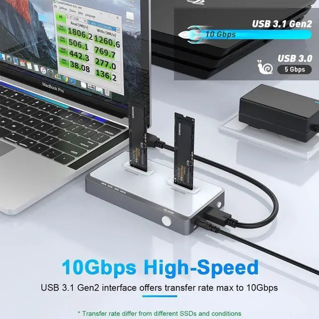 Alt view image 4 of 7 - 10Gbps Dual-Bay NVMe M.2 Duplicator Docking Station Offline Clone USB C to NVME SSD Enclosure for M Key NVMe PCIe 2242 2260 2280 22110 M.2 SSDs (NVMe Docking Station Tool-Free Dual-Bay)