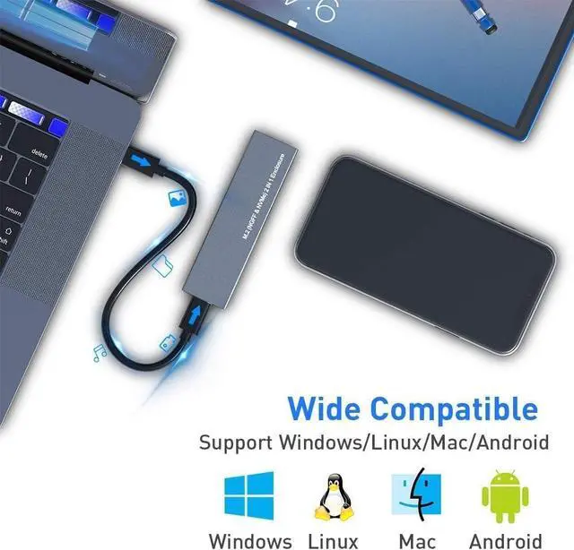 Alt view image 5 of 7 - Aluminum M.2 NVME SATA SSD Enclosure Adapter, USB 3.2 Gen 2 (10 Gbps) to NVME PCI-E SATA M-Key/(B+M) Key Solid State Drive External Enclosure Support UASP Trim for NVME/SATA SSDs 2242/2260/2280